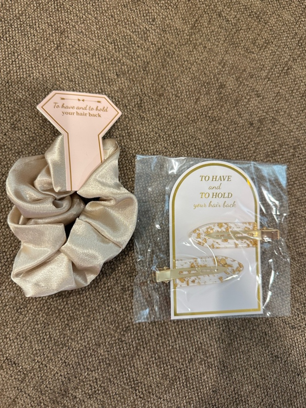 Bridesmaid Elegant Cream Satin Scrunchie & Gold Hair Clip Set